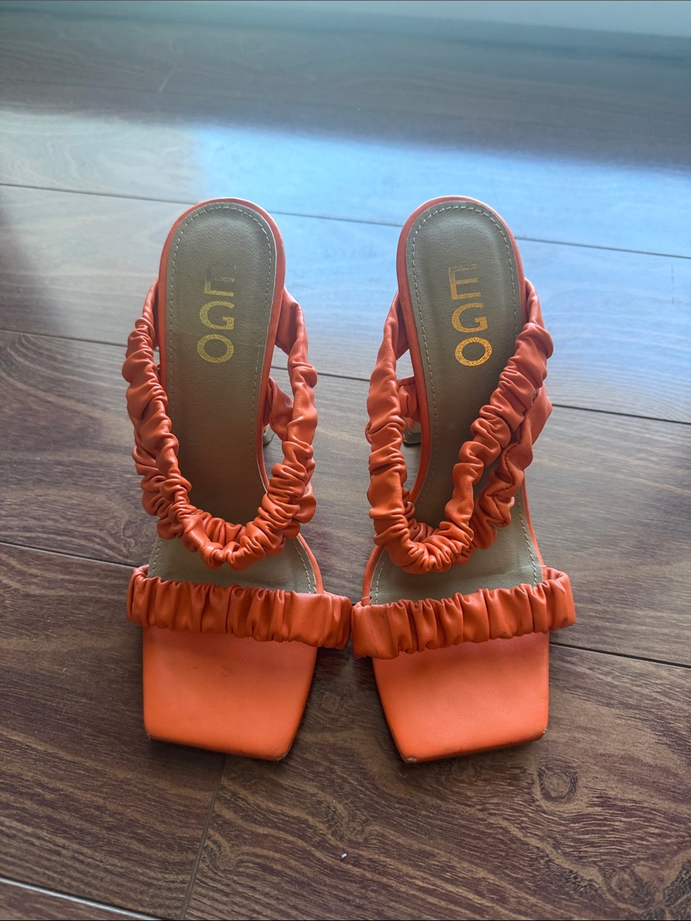 EGO Orange Ruched Double-Strap Square Toe Slide Heels